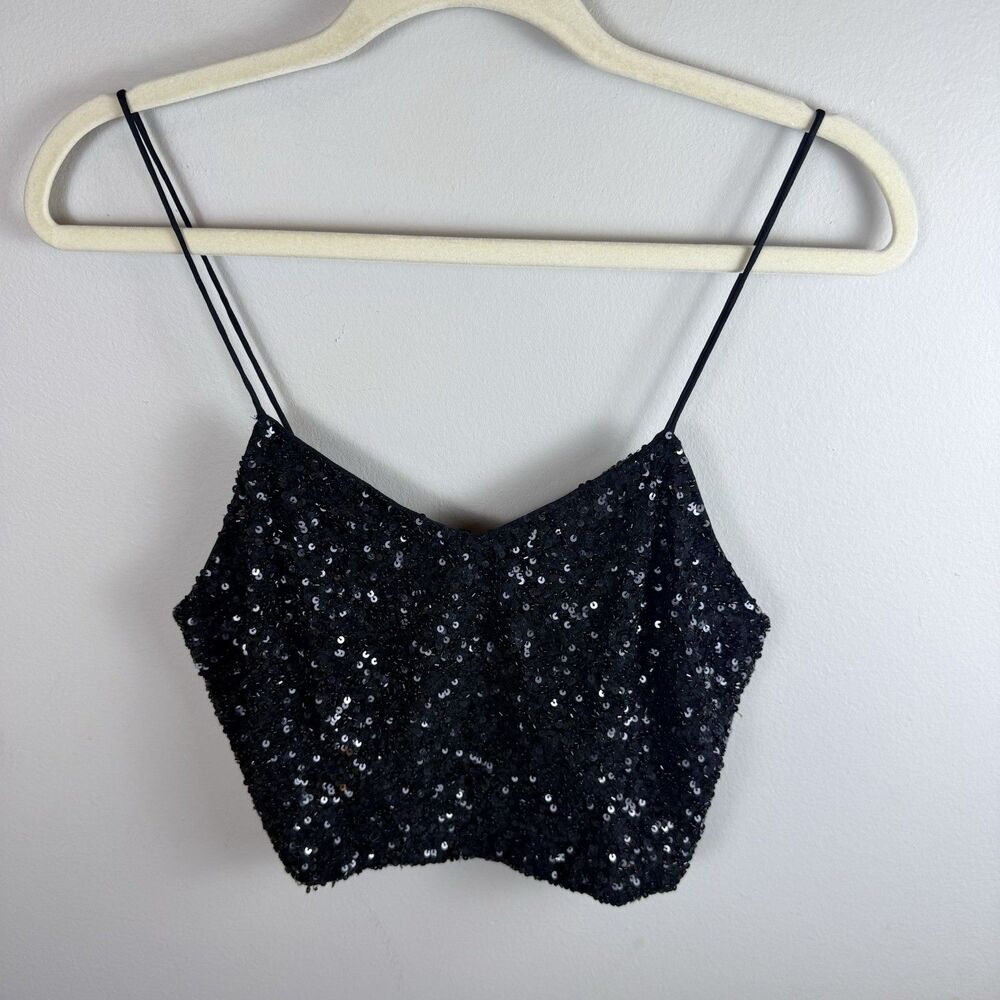 Alice + Olivia Black Sequin Beaded Crop Cami Top Size Large Strap Designer READ